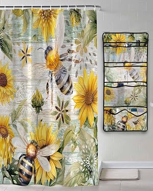 Decorative Shower Curtain Sets Bee Floral Polyester Fabric Waterproof Shower Curtains Farmhouse Sunflowers Wood Grain Lighr Green Mesh