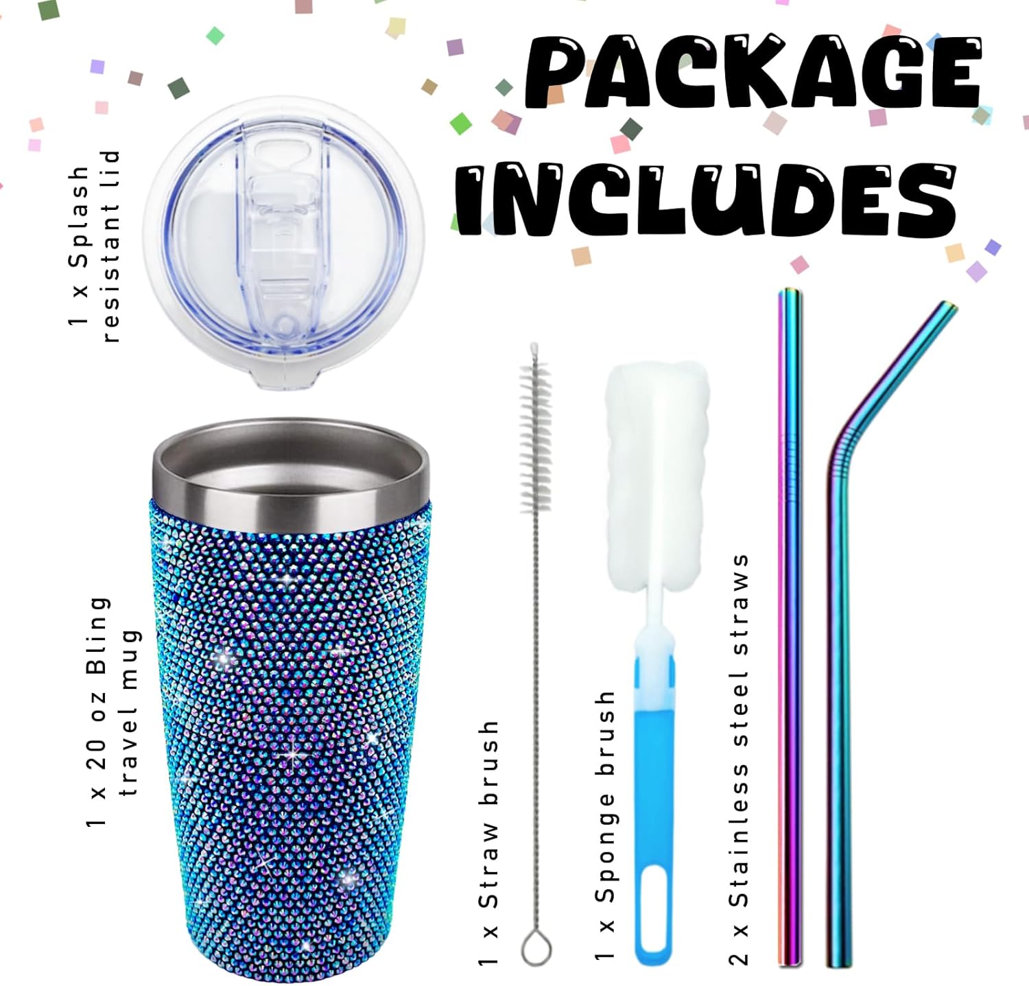 Bling Rhinestone Tumbler 20oz Stainless Steel Studded Glitter Thermal Cup with Leak proof Lid and Straws Double Wall Vacuum Insulated Portable Travel Coffee Mug (Sapphire Blue) - Image 2