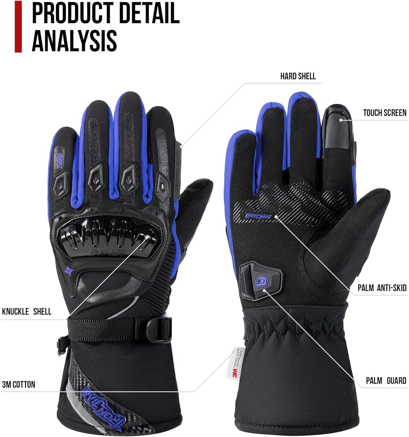 IRON JIA'S Winter Motorcycle Gloves, CE Level 1KP Protection, Cold Weather Waterproof Windproof Touchscreen Riding Gear (Blue, M) - Image 9