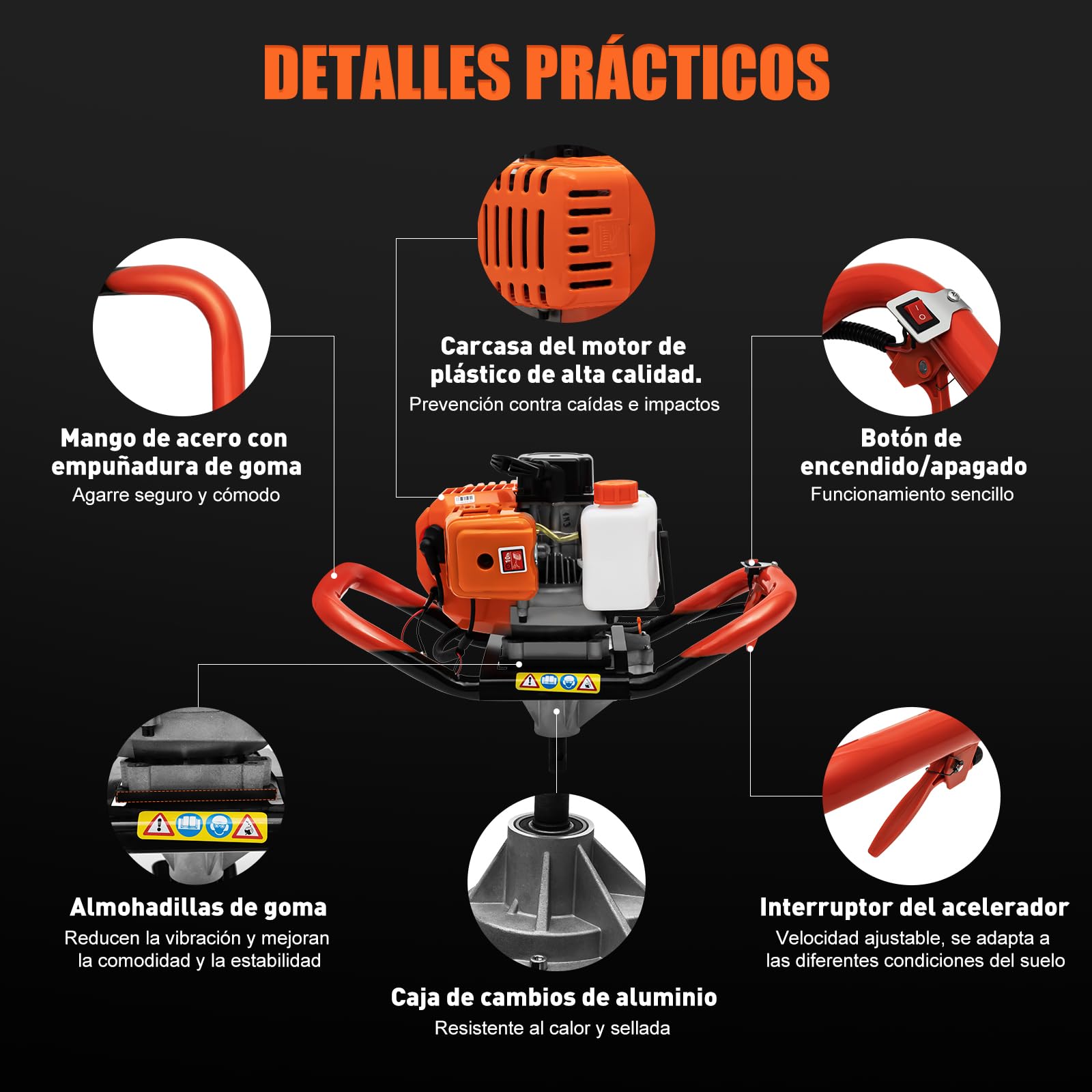 Ahoyadora Gasolina 52cc Motor Gasolina 2 Tiempos 6500-8500r/min Taladro de Jardin con 1 x Barra de extensión+3 x Taladros, Ahoyador de Gasolina para Flor Plantando árboles Arbustos