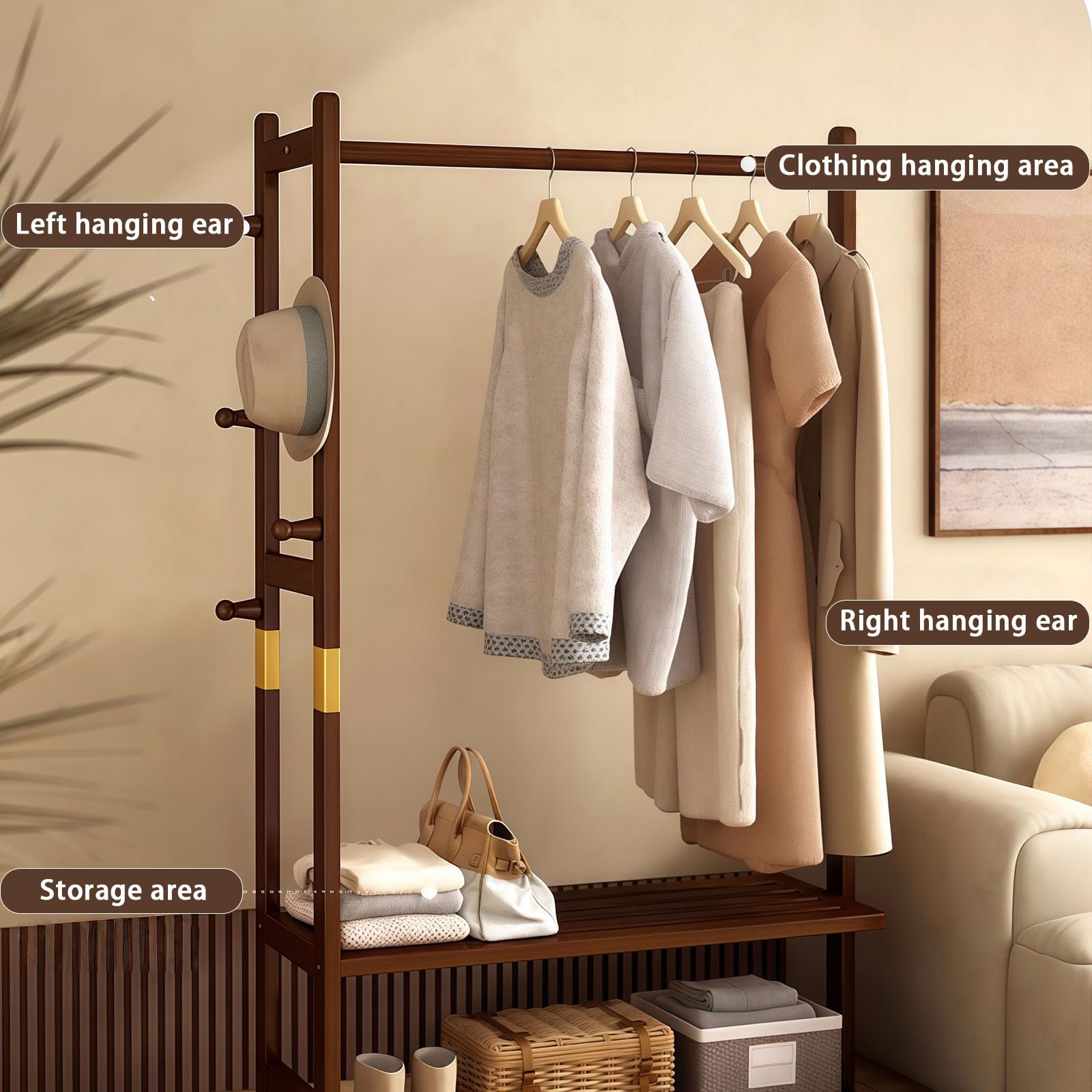 Perchero resistente de madera maciza con estantes de almacenamiento y ganchos para colgar ropa, sombreros, carteras, independiente para pasillo y dormitorio
