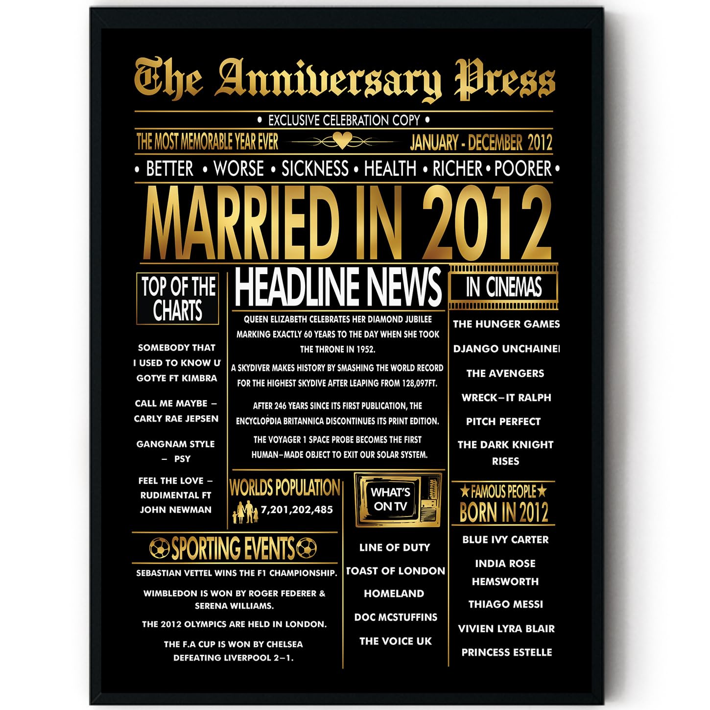 Stuff4 Men's 2012 Gold 14Th Anniversary Poster Framed - Golden Married In Newspaper - 14 Anniversary For Wo Retro Vintage Gifts Back In 8X10 Inch Bday Party Decor Decoration