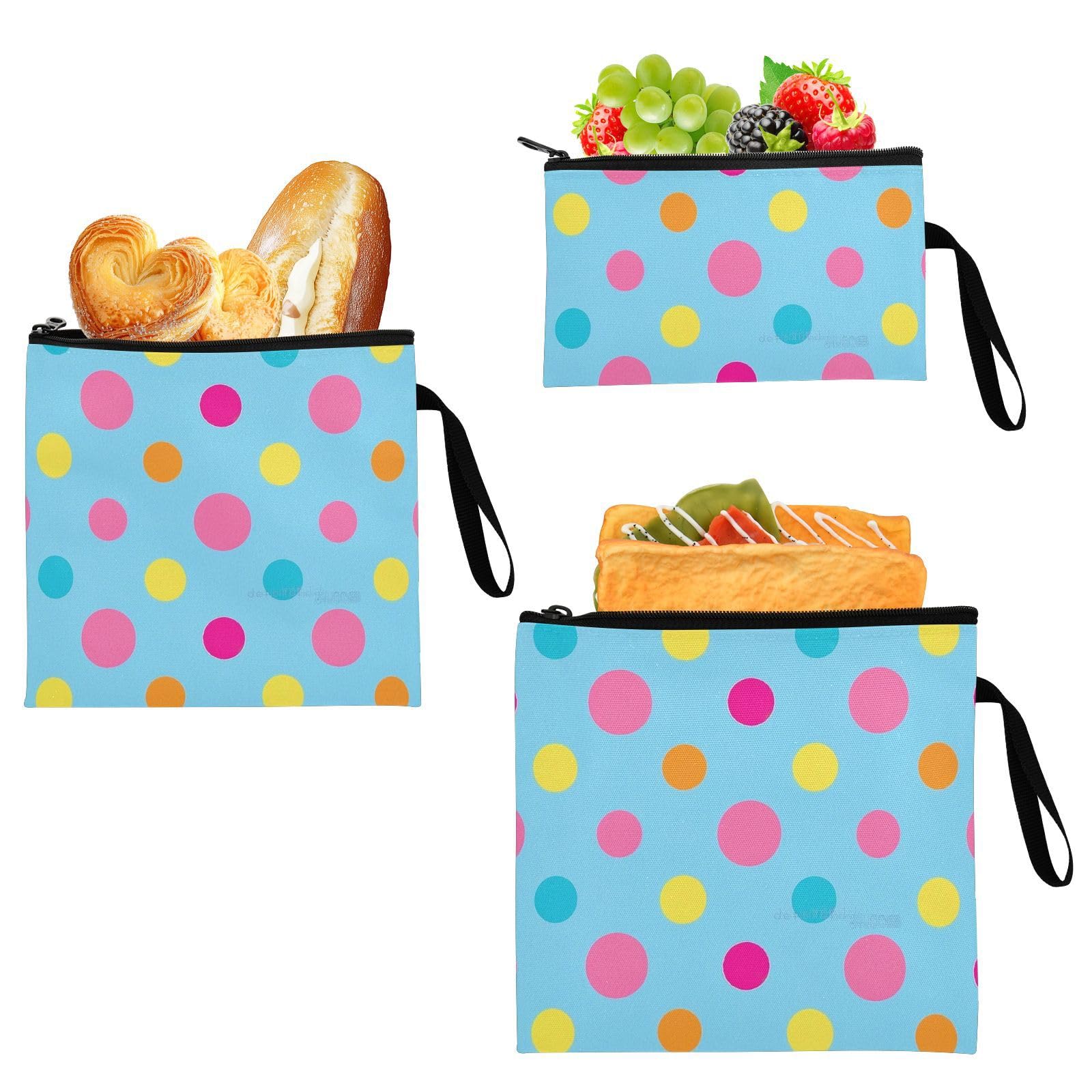 Yoogain Trendy Polka Dot Peach Blue Yellow 3-Pack Reusable Snack Bags Multi-Use Travel Bags for Women Girls Trip