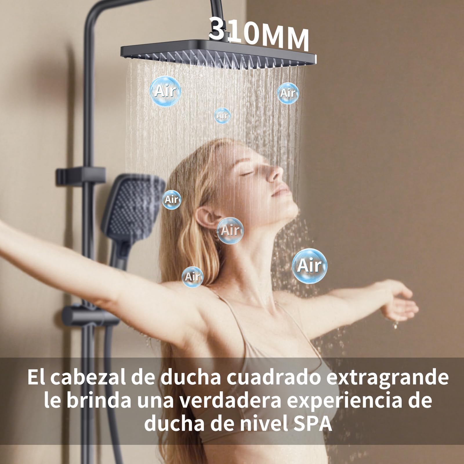 Columna Ducha con Grifo, Ducha de Bano Columna con Pantalla Digital LED - Cabezal Cuadrado, Altura Ajustable Ducha de Mano, Grifo para Bañera y Rociador Auxiliar - Baño de Lujo y Confort