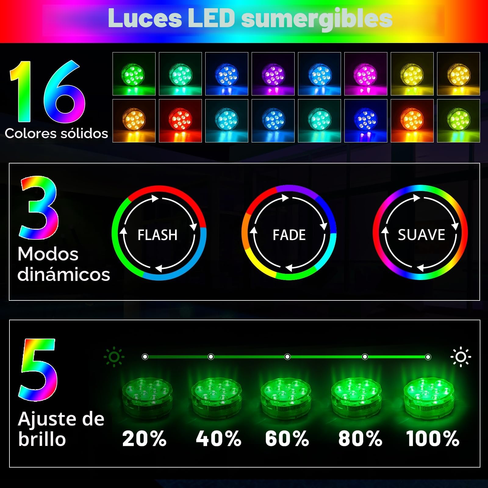 2 Set Luces Led Sumergibles Con Control Remoto: Rgb Multicolor, Impermeables Y A Prueba De Agua, Ideales Para Piscinas, Jarrones, Spas, Acuarios, Estanques, BañEras Y Para Fiestas Y DecoracióN