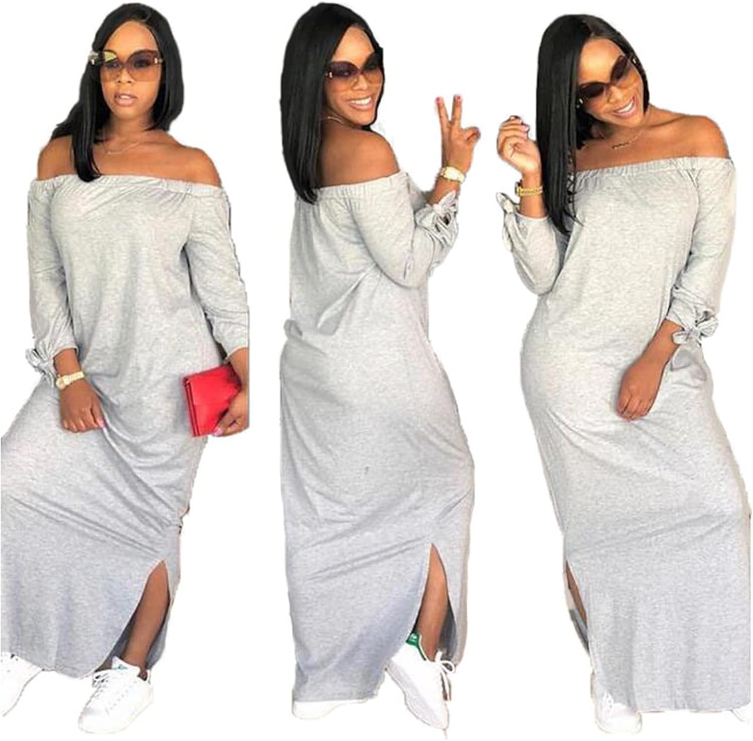 OLUOLIN Women's Casual Letter Print Off Shoulder Long Sleeve Bowknot Sides Slit Loose Long T-Shirt Maxi Dress - Image 4