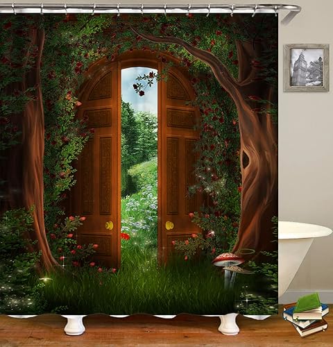 ahbreton Cortinas de ducha de tela, puerta de bosque verde, vides, paisaje de prado, tela decorativa de poliéster, juego de cortinas de baño con 12