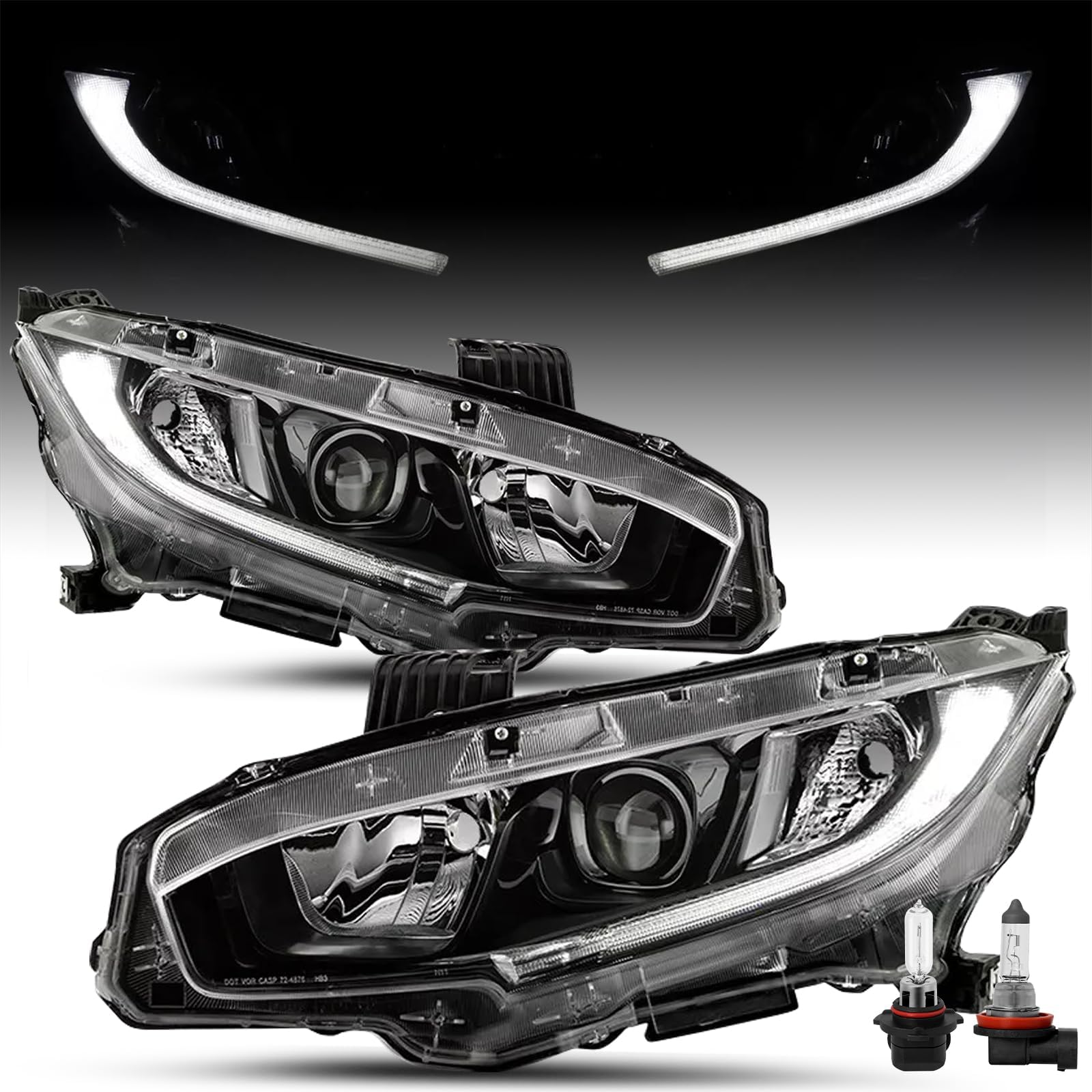 SOCKIR - For [Halogen Type w/LED DRL] 2016-2021 Honda Civic OEM Projector Headlight Headlamp Assembly Replacement Pair with Bulbs (Black Housing with Clear Reflector)