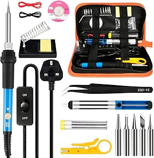 Soldering Iron Kit,60W Soldering-Iron Gun with Adjustable Temp 200-450°C and ON/Off Switch,5 Soldering Tips, Desoldering Pump, Solder Wire,2 in 1 Wire Stripper Cutter, Soldering Iron Stand, Tool Case