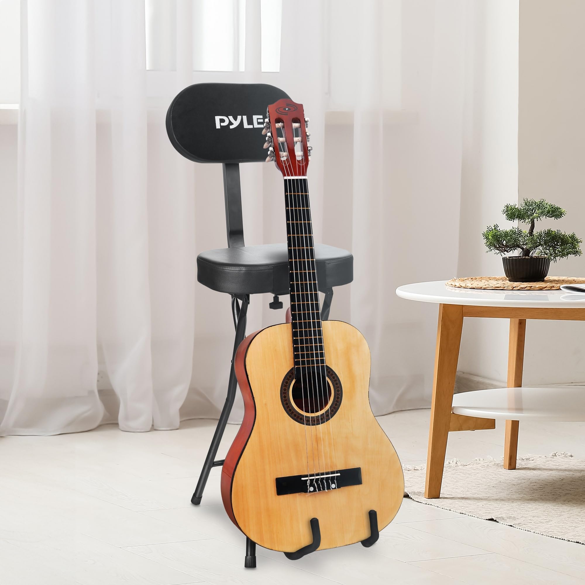 Pyle Tabouret Guitariste - Dossier Ergonomique Résistant avec Support Pliable, Repose-Pieds, Design Pliant, Supporte Les Guitares Acoustiques, Électriques et Basses, Capacité Maximale de 136 kg