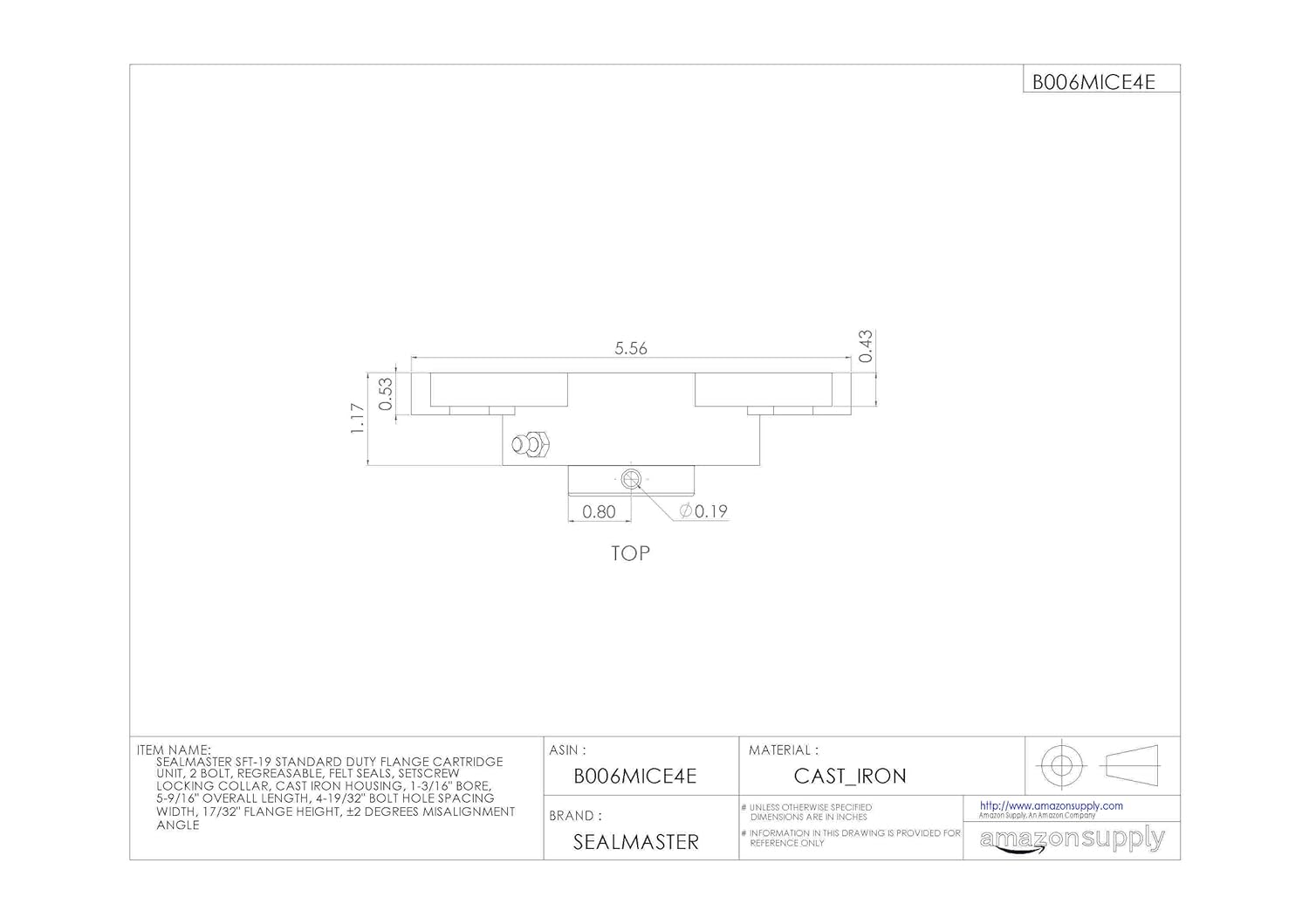 Sealmaster SFT-19 Standard Duty Flange Cartridge Unit, 2 Bolt, Regreasable, Felt Seals, Setscrew Locking Collar, Cast Iron Housing, 1-3/16" Bore, 5-9/16" Overall Length, 4-19/32" Bolt Hole Spacing Width, 17/32" Flange Height, ±2 Degrees Misalignment Angle