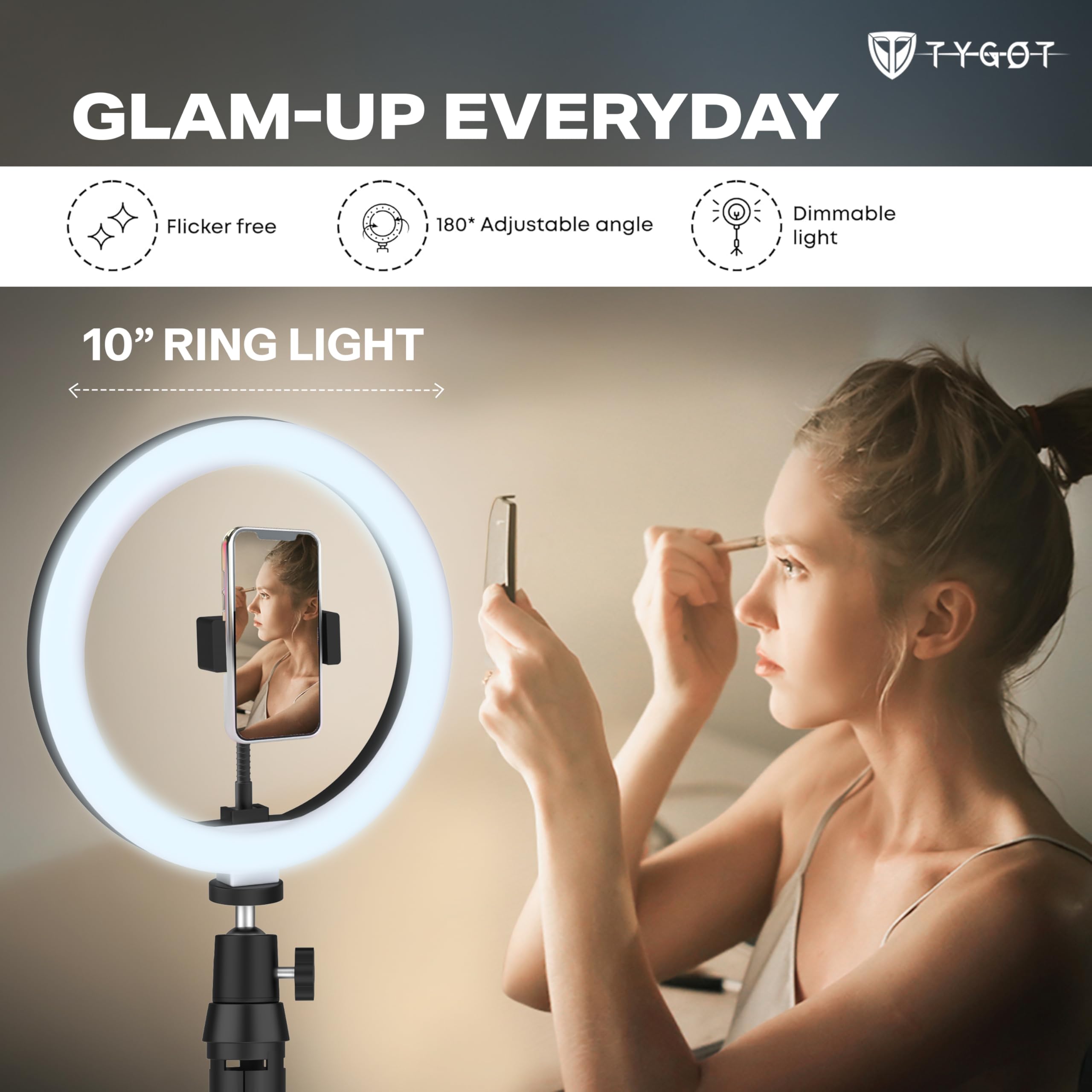 Tygot 10 Inches Ring Light with Tripod & USB, 3 Color Modes & 10 Brightness Levels, 360° Rotation Ring Light for Vlogging, Makeup, YouTube, Photoshoots, Live Streaming & Studio Lighting — Amazon image 2