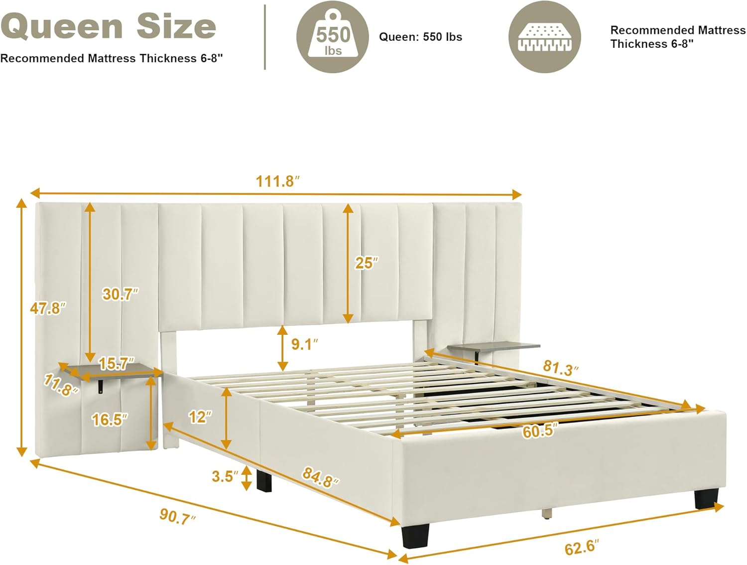 Queen Size Bed Frame with Oversized Soft Headboard and 2 Shelves, Velvet Upholstered Platform Bed, Luxury Bed Frame with Sturdy Wooden Slats, No Box Spring Needed, Easy Assembly, Beige