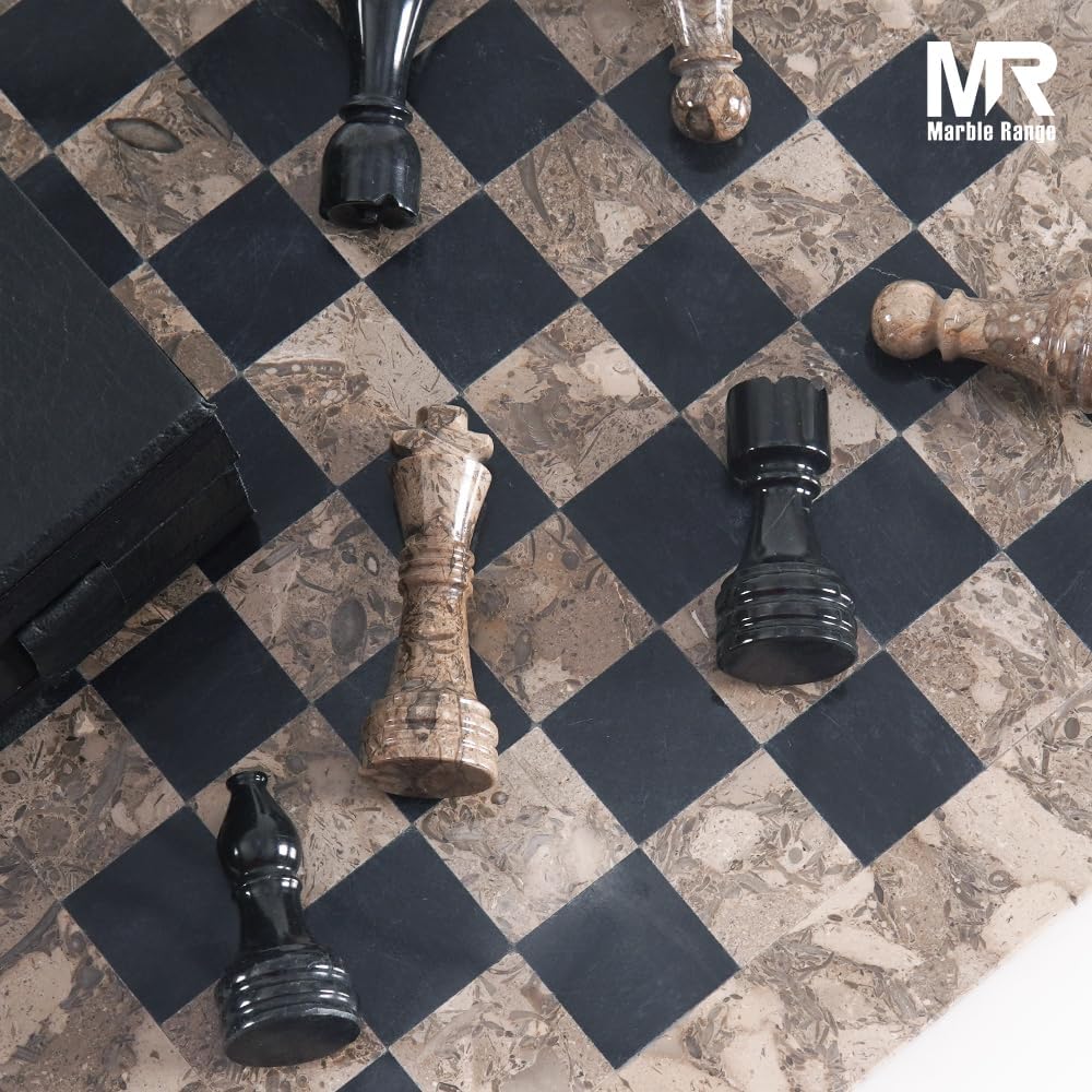 Marble Chess Set for Adults 15" Handmade Oceanic & Black Board Game with 32 Chess Pieces, 2 Extra Queens & Storage Box, Luxury Travel Game – Elegant Home Décor