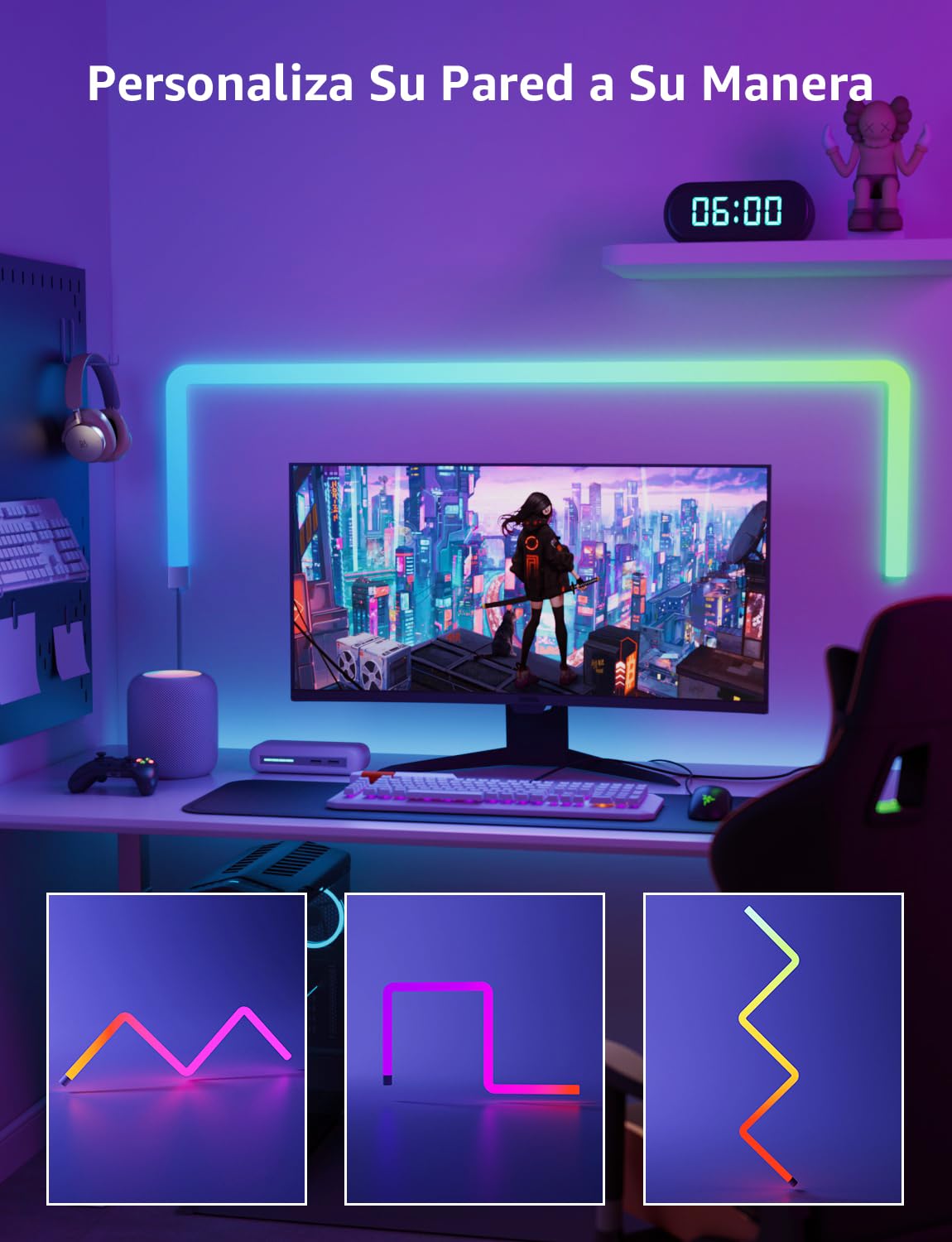 Lepro WL1 AI Barras de Luz LED Pared Inteligente, Funciona con Alexa y Google Home para Sala de Juego y PC Decoración, Diseñador de Iluminación AI Personalizado, Sync de Música y Control de Voz, 6Pcs