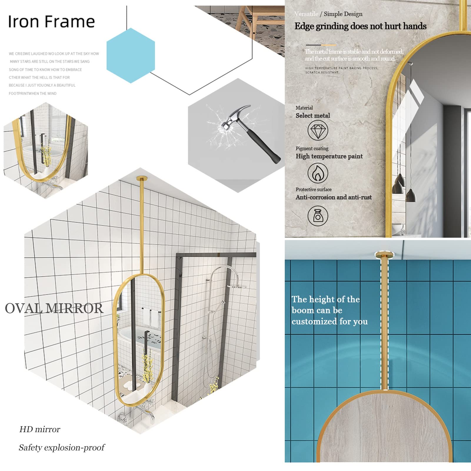 Ovale gouden plafondspiegel (aanpasbare hangende stang