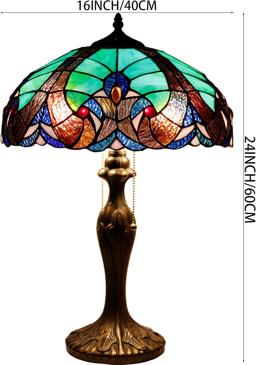 WERFACTORY Tiffany Style Lamp Green Liaison Stained Glass Bedside Table Lamp 16X16X24 Inches Desk Light Metal Base Decor Bedroom Living Room Home Office S160G Series Teal Purple