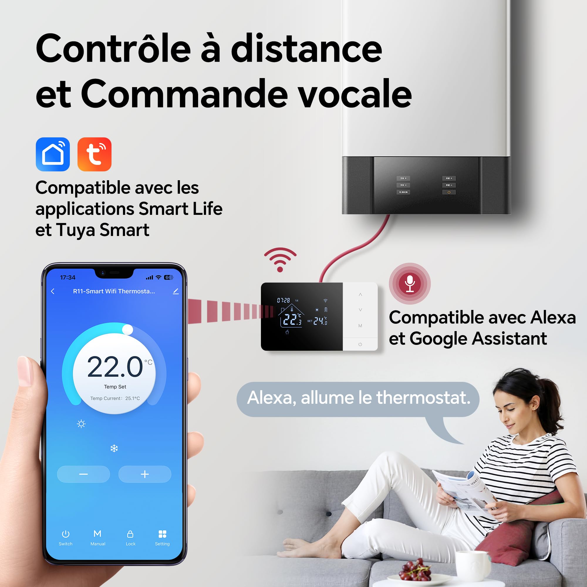 Thermostat WiFi pour Chaudière gaz 3A,Beok Thermostat Mural 2 Fils à Piles,Alimentation par Batterie ou USB,Programmable Compatible avec Alexa et Google Home, Commande Vocale et Contrôle à Distance