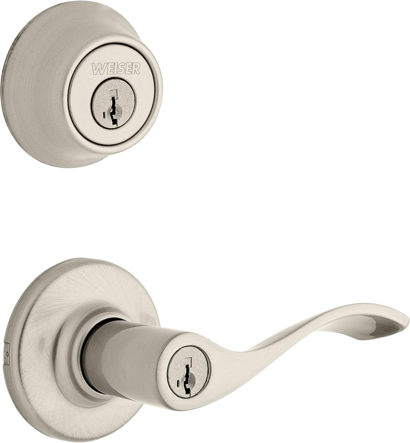 Weiser Belmont Satin Nickel Front Door Handle with Deadbolt, Reversible