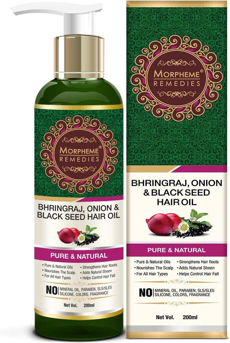 Morpheme Remedies Bhringraj, Onion & Black Seed Hair Oil - Supports Hair Growth - Controls Hair Fall - No Mineral Oil & Silicones, 200 ml (MORPH861)