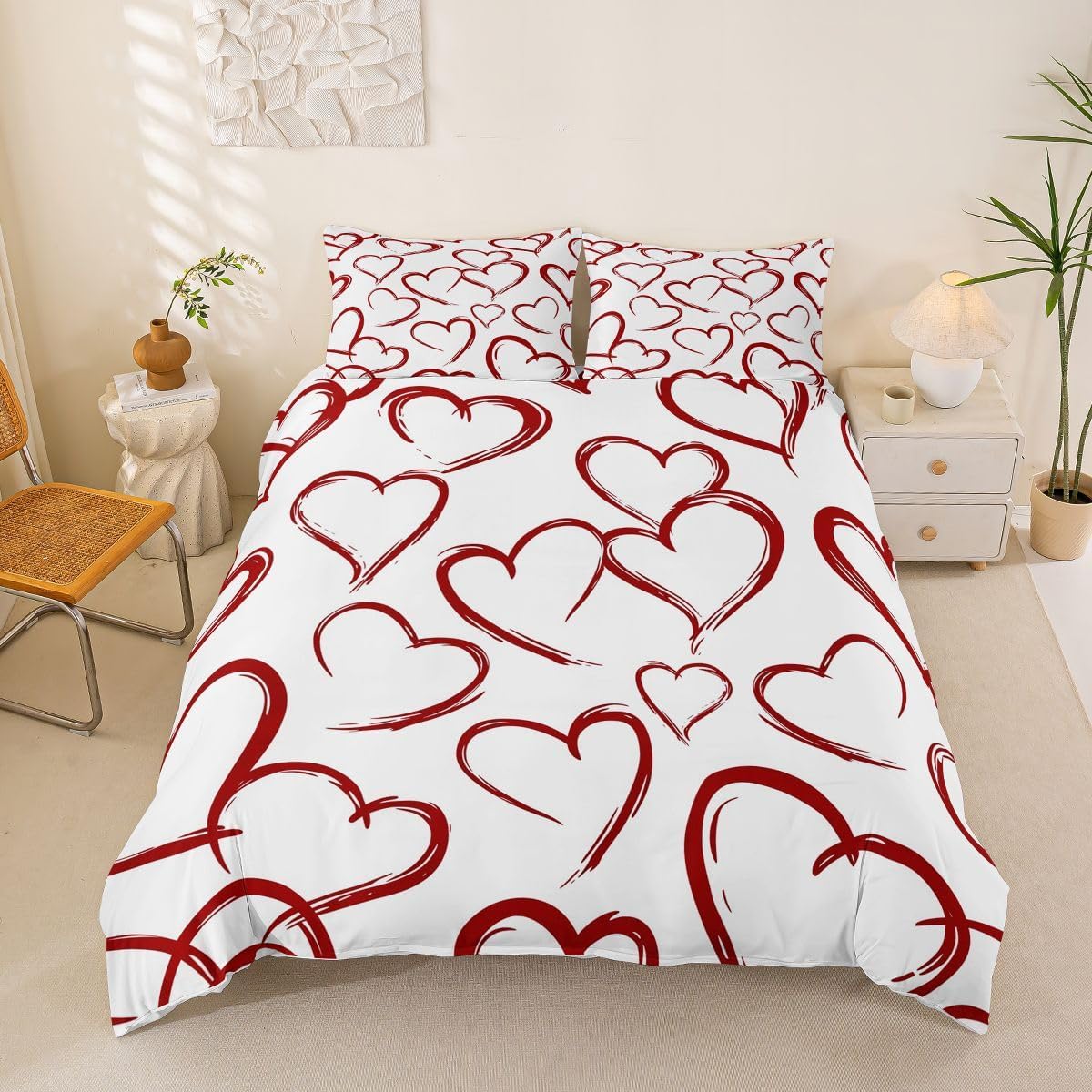 Castle Fairy Hand Drawn Heart Duvet Cover Set Full Size,Cute Love Heart Kids Bedding Set,Dreamy Valentine's Day Graffiti Teens Room Decor,White Red Quilt Cover,2 Pillowcases(No Comforter)
