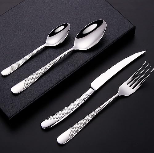Miniatura 3 de Juego de cubiertos martillados de acero inoxidable de 48 piezas para 12 juegos de cubiertos para cocina, boda, restaurante, incluye tenedores,