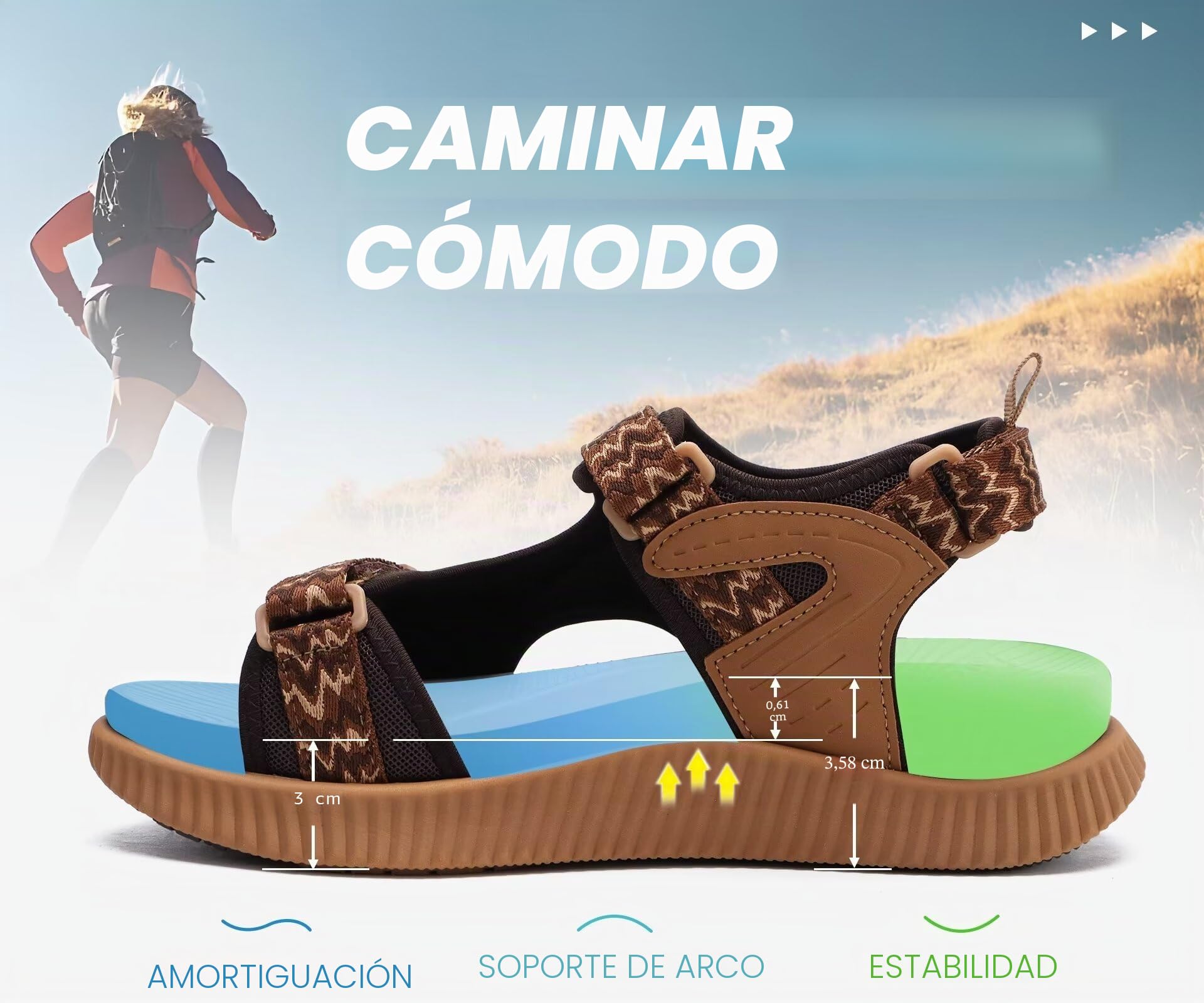 KuaiLu Sandalias Trekking Deportivas Mujer Ortopedicas Senderismo Sandalias | Comodas Caminar Fascitis Plantar Verano Abierta Ligera Cuero Ajustables Antideslizantes Sandalias Montaña Caqui Marrón 38