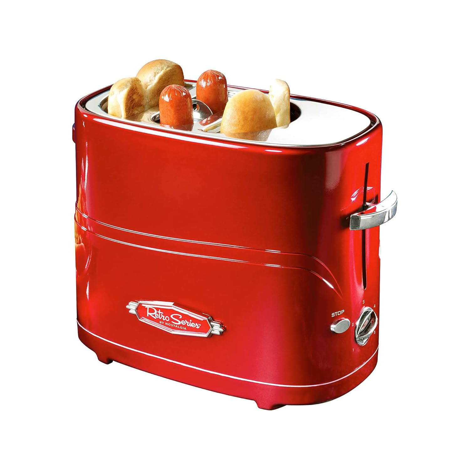 Nostalgia 2 Slot Hot Dog and Bun Toaster with Mini Tongs, Retro Toaster, Cooker that Works Chicken, Turkey, Veggie Links, Sausages Brats, Metallic Red image 1