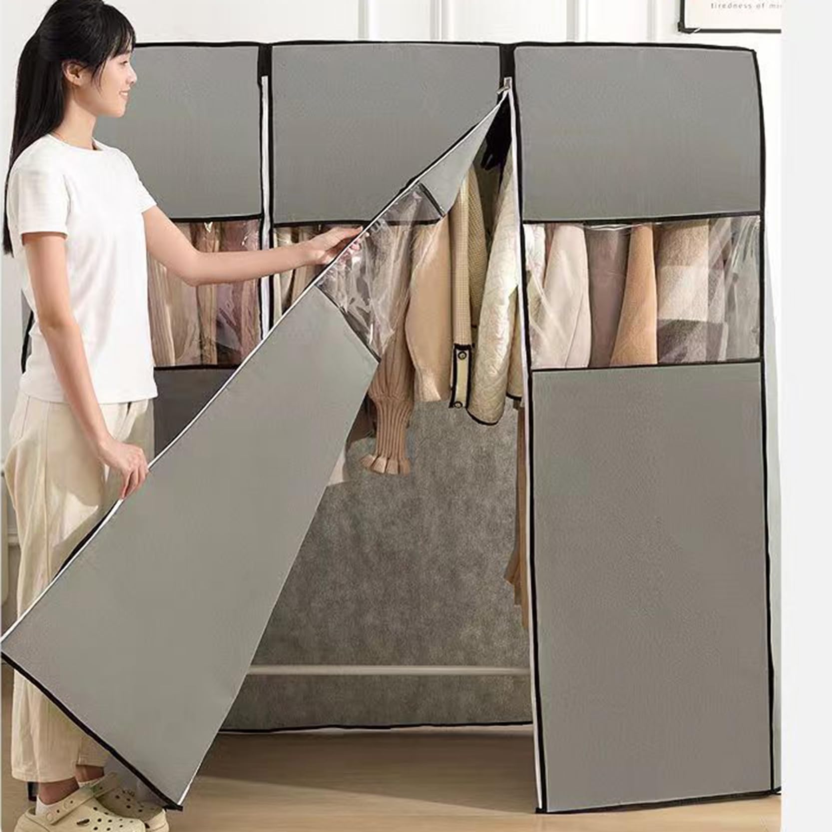 Staubdichte Schutzhülle für Kleiderstangen, atmungsaktive Kleiderständerhülle mit robusten Reißverschlüssen, für Kleiderständer, Mäntel, Grau – 150 cm
