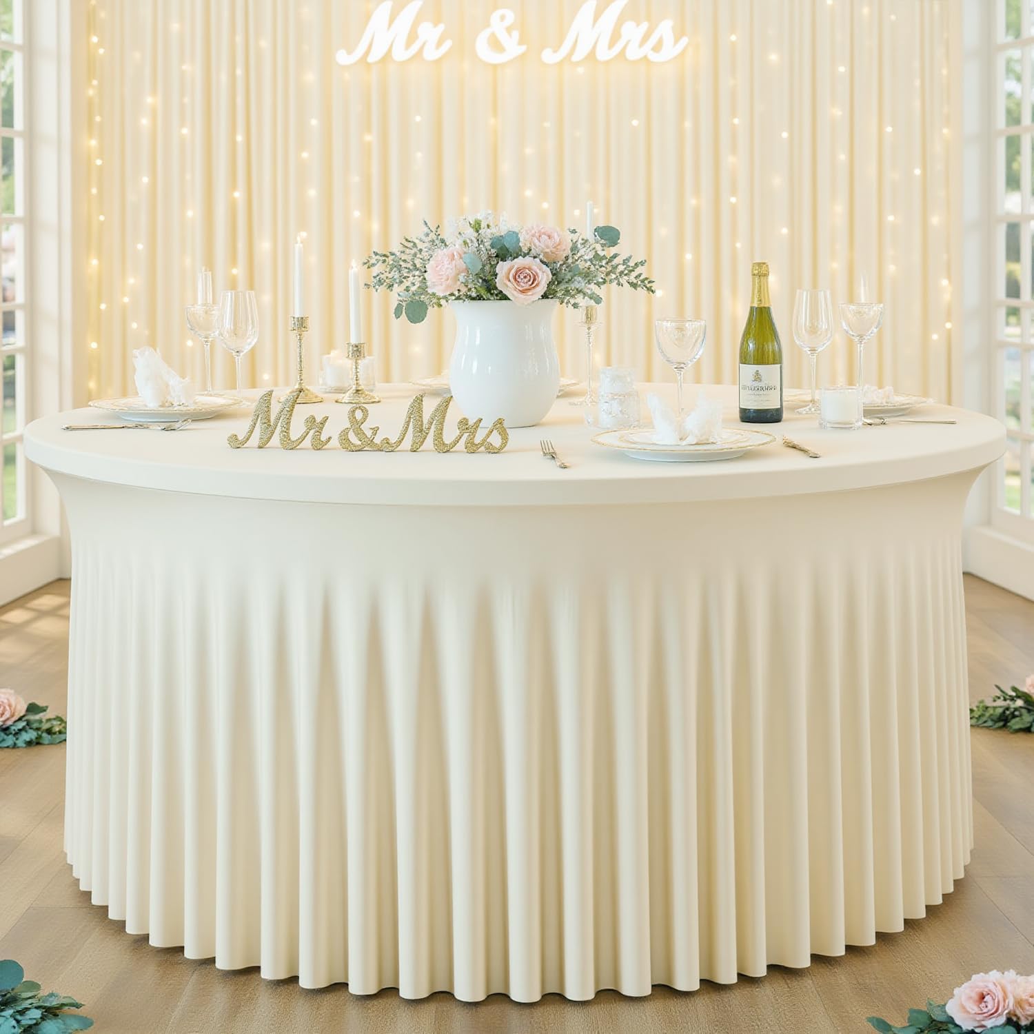 Ivory Spandex Round Tablecloths for 60 inch Table, Stretchy 5FT Round Table Cover with Skirt for Wedding Party Dining Banquet