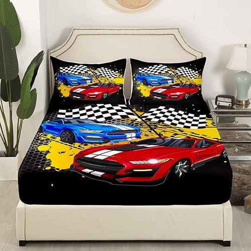 Cool - Sábana bajera ajustable para auto de carreras de velocidad con estampado de cuadrícula en blanco y negro, ropa de cama de tela decorativa