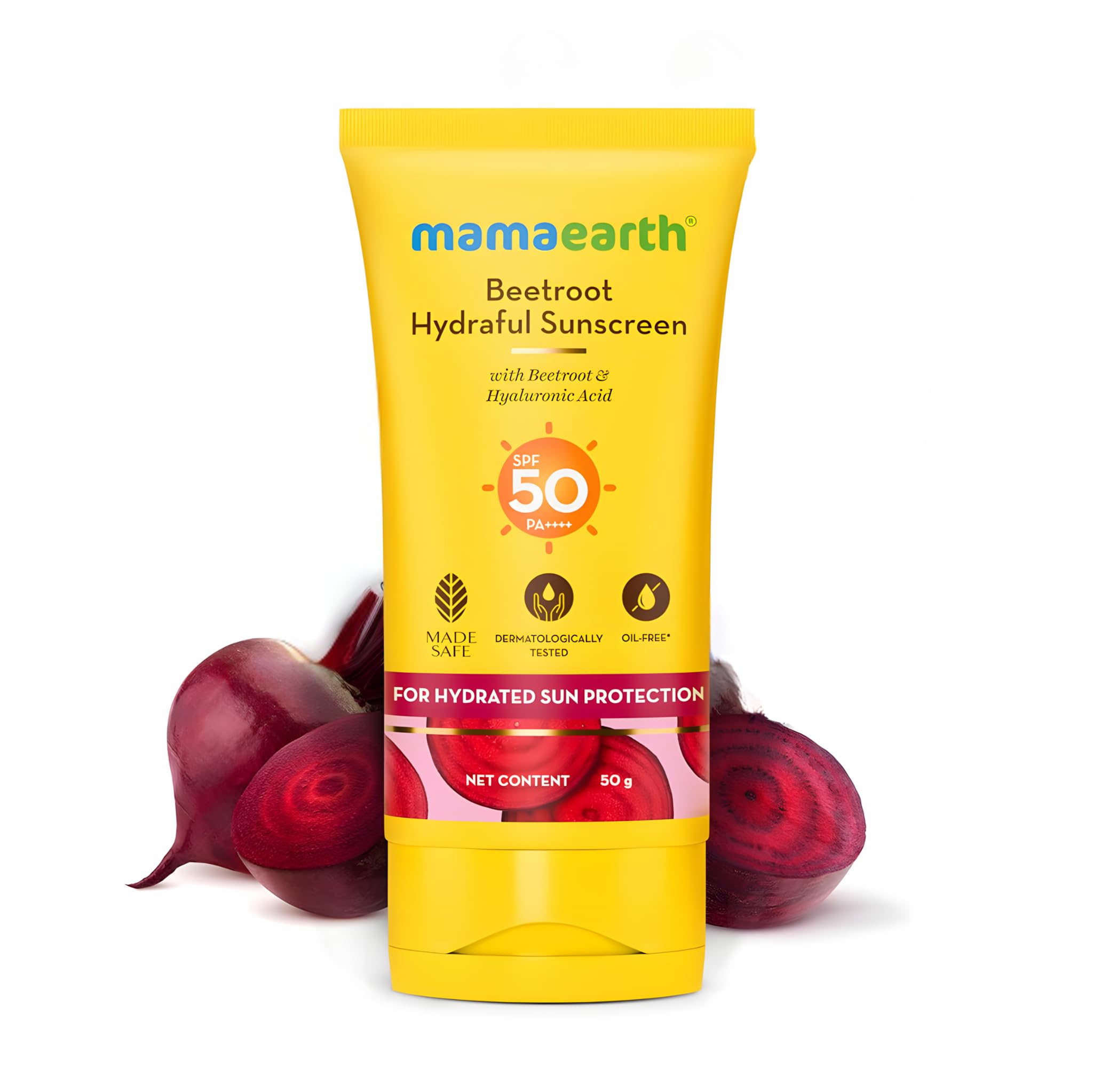 MAMAEARTHBeetroot Hydraful SPF 50 Sunscreen with PA++++ | Gives Natural Pink Glow with Sun Protection | Deeply Hydrates with Hyaluronic Acid | 1.76 Oz/50g
