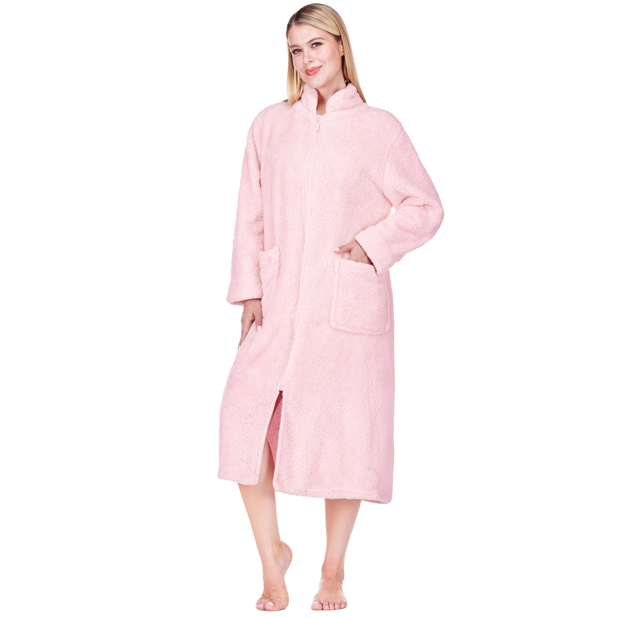 PAVILIA Womens Housecoat Zip Robe, Sherpa Zip Up Front Robe Bathrobe, Plush Warm Zipper House Coat Lounger, Pockets Fluffy