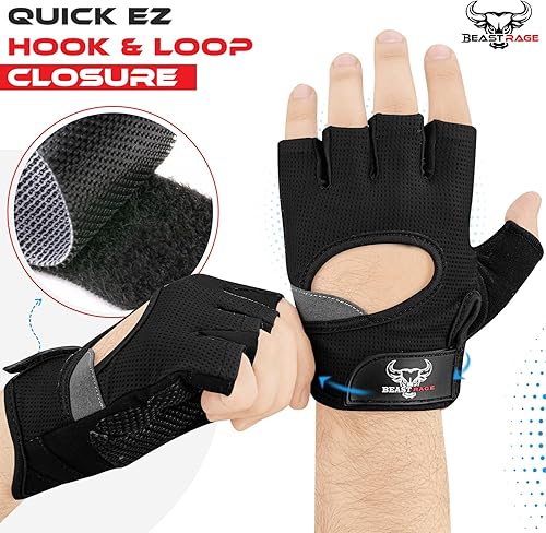 Miniatura 5 de BEAST RAGE Guantes de levantamiento de pesas sin dedos con acolchado de protección de palma, guantes de gimnasio ligeros y transpirables para