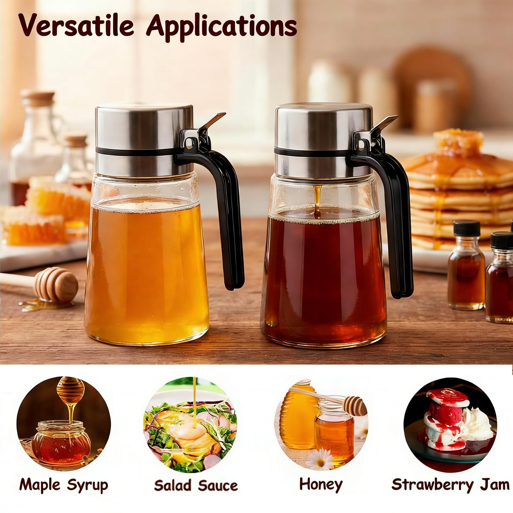 Honigspender 14 oz / 400 ml Glas, 2er Pack Syrup Dispenser, No-Drip Honigglas für Küche, Kaffee Bar und Teestation, Küchenzubehör für Honig, Zucker, Sirup