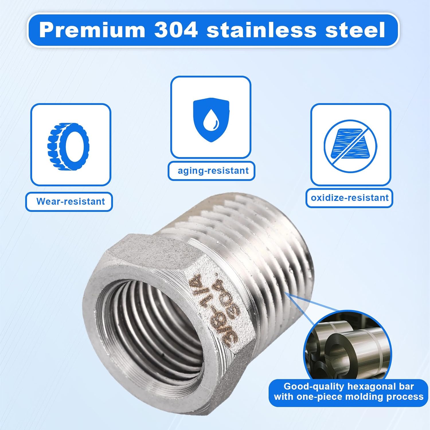 5pcs 3/8" NPT Male to 1/4" NPT Female Hex Bushing Reducers, Stainless Steel Hex Bushing Reducer Heavy-Duty Reducing Pipe Fitting Water Line Air Hose Adapter for Plumbing & Hydraulic Applications