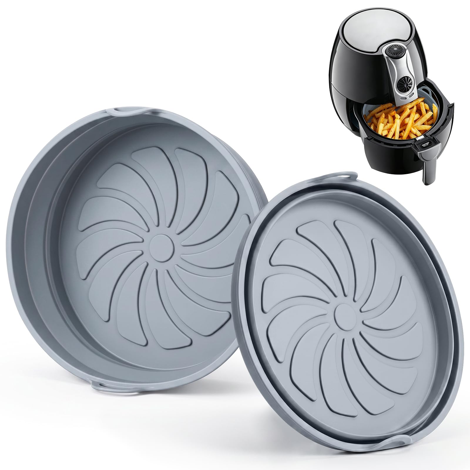 2 Pack Round Air Fryer Liners Silicone, Reusable & Foldable Airfryer Inserts with Handles, Kitchen Accessories for Airfryers, Oven & Microwave