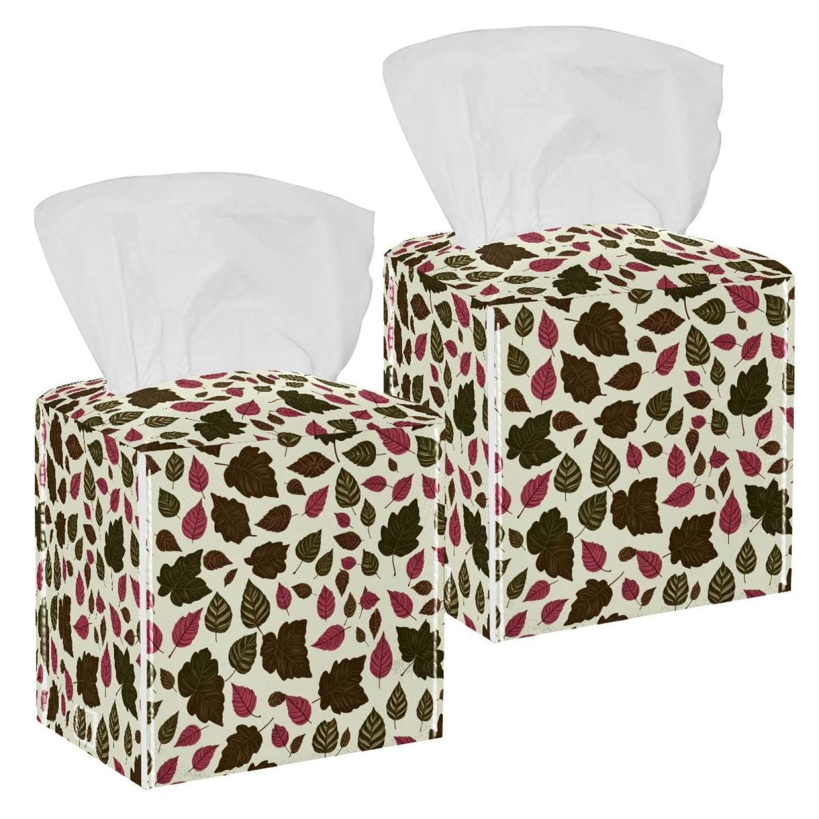 Artistic Leaves Tissue Box Cover, 2 Pack PU Leather Square Facial Tissue Dispenser Box holder for Home Office Car