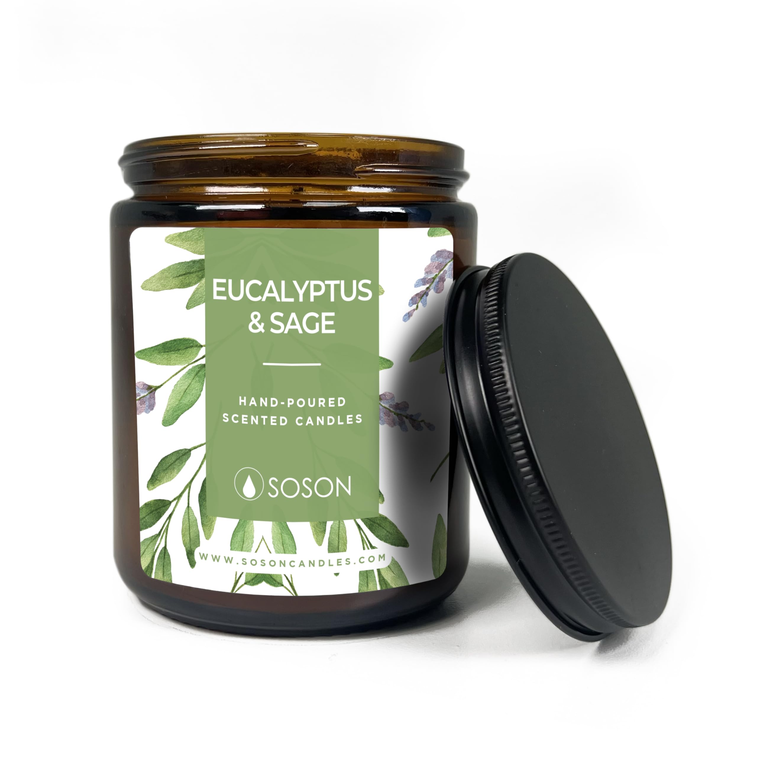 Simply Soson 9 oz Eucalyptus and Sage Scented Candle for Home - Amber Glass Jar - 50 Hour Long Lasting Candles - Jar Candles are The Best Gifts for Birthday, Valentine, Anniversary, Dinner, Parties