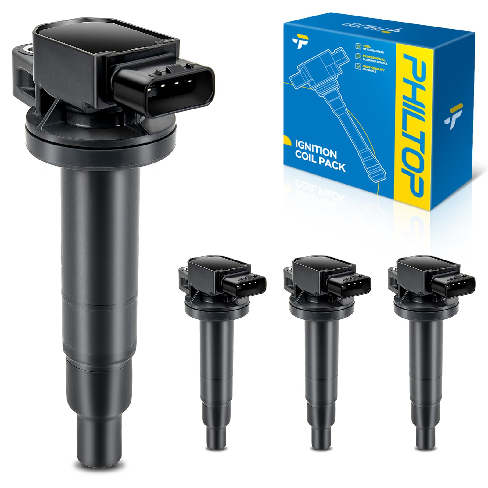 PHILTOP 4-Pack Ignition Coil UF316 Fit for Prius Yaris Prius C Echo xB xA | Toyota Prius 2001-2009, Yaris 2007-2018, Prius C 2012-2019, Echo 2000-2005, Scion xB 2004-2006, xA 2004-2006