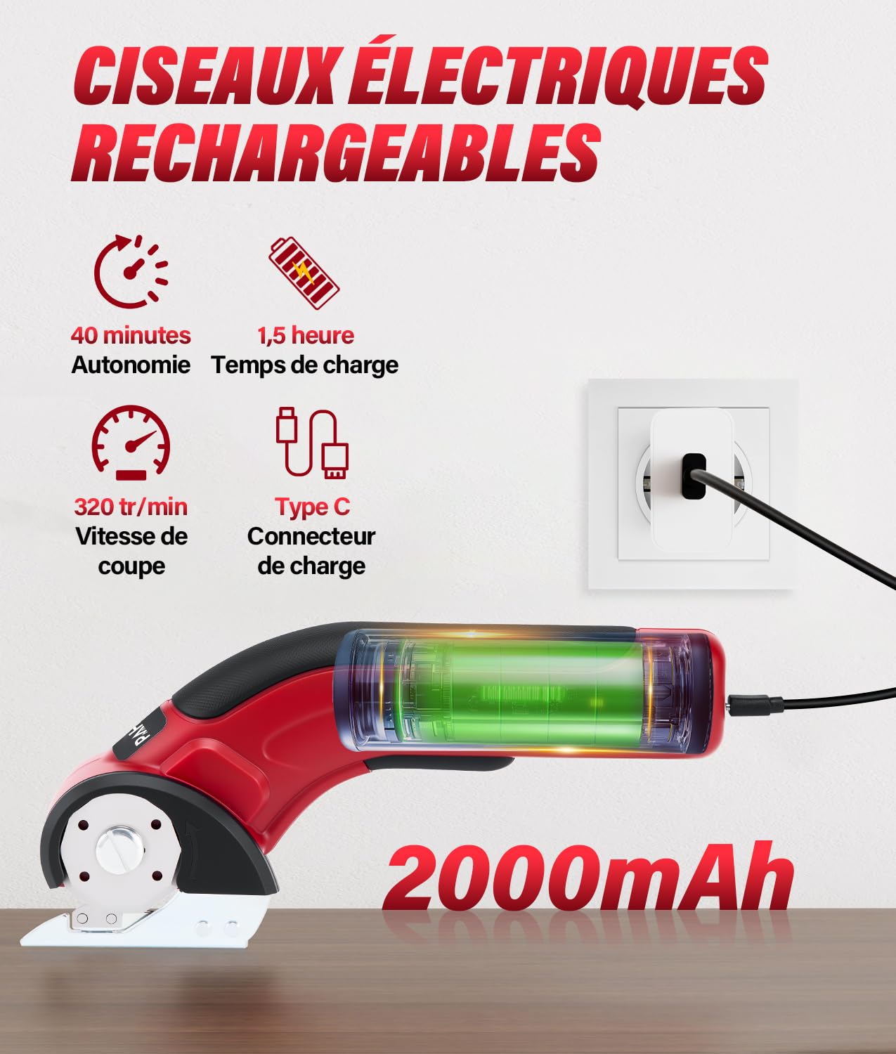 PAHTTO Cisaille électrique Coupe-carton 4 V, 320 tr/min, coupe-rouleau sans fil Coupe-tout universel avec 2 lames auto-affûtantes et chargeur, pour papier, carton, moquette, cuir, tissu (rouge)