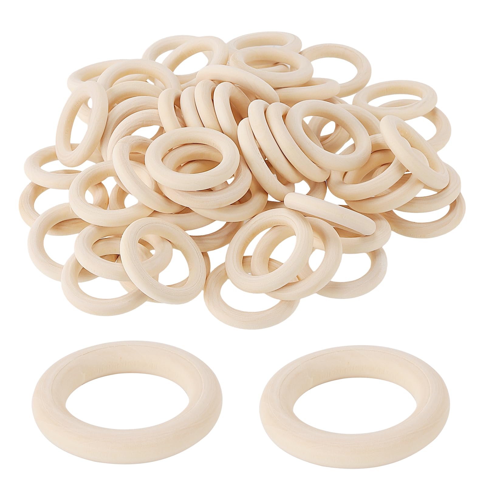 JIAYUET 60 PCS 45mm Natural Wood Rings, Unfinished Craft Loops for Jewelry Making, Macrame Curtain Hoops, 1.77 Inch