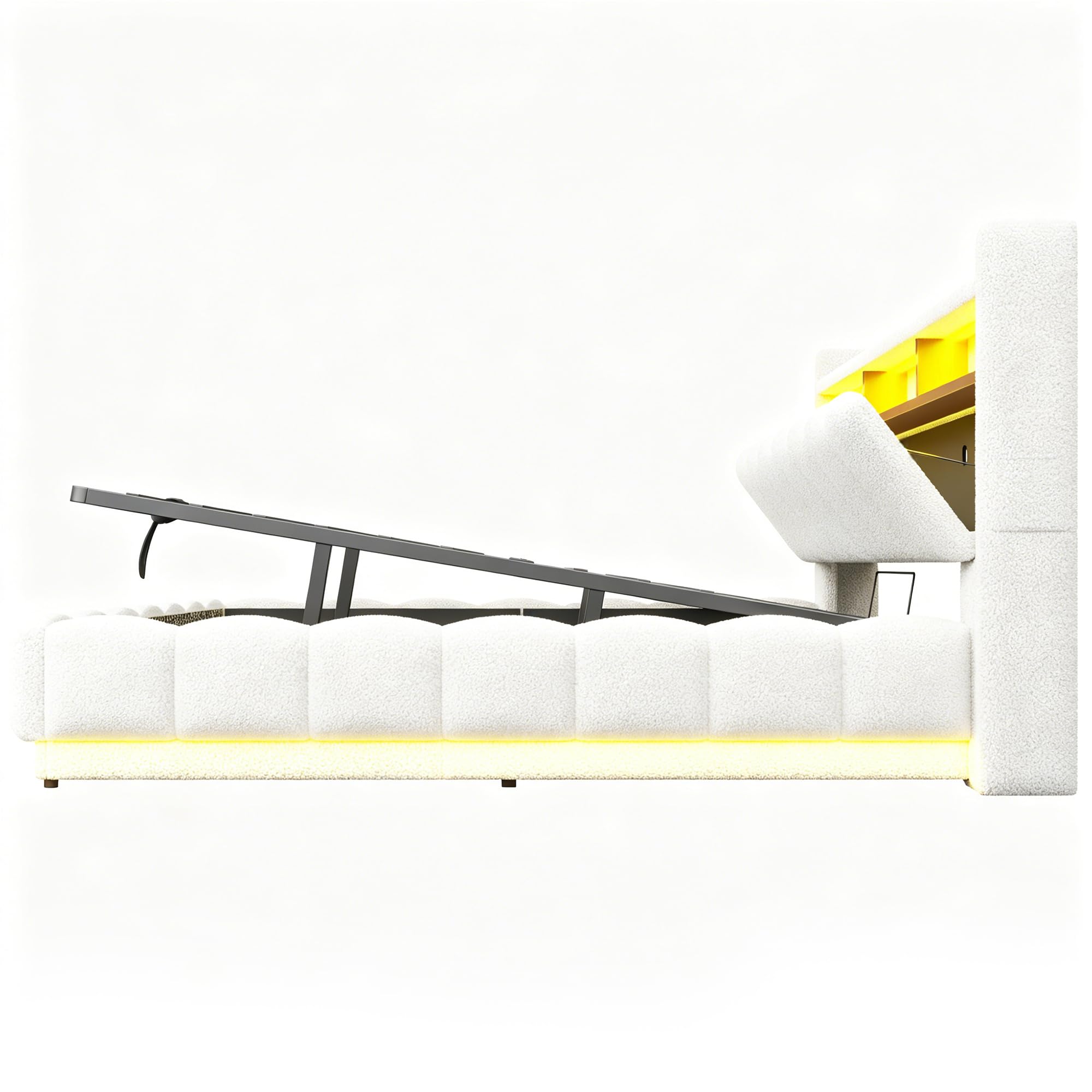 Cama Canapé 180x200 con Elevación Hidráulica Cama Tapizada con Somier de Lamas Estructura Matrimonial con Almacenamiento Integrado con Tapizado Bouclé con Cabecero Acolchado Estudio Blanca