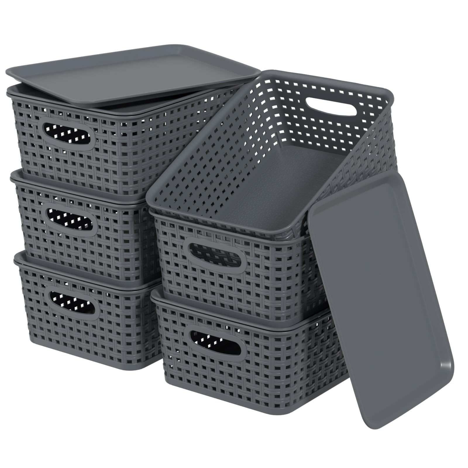 Panier de rangement en plastique gris avec couvercle lot de 6 boîtes empilables pour maison