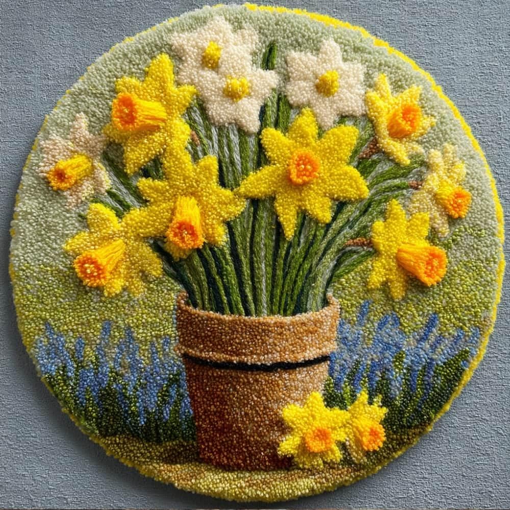 kitphoenix Round Shape Latch Hook Kits Rug Daffodils DIY Cushion Rug Carpet Making Crochet Hook Kits Preprinted Pattern Canvas Cushion Yarn Hooking Kits Mat Kits 50X50Cm
