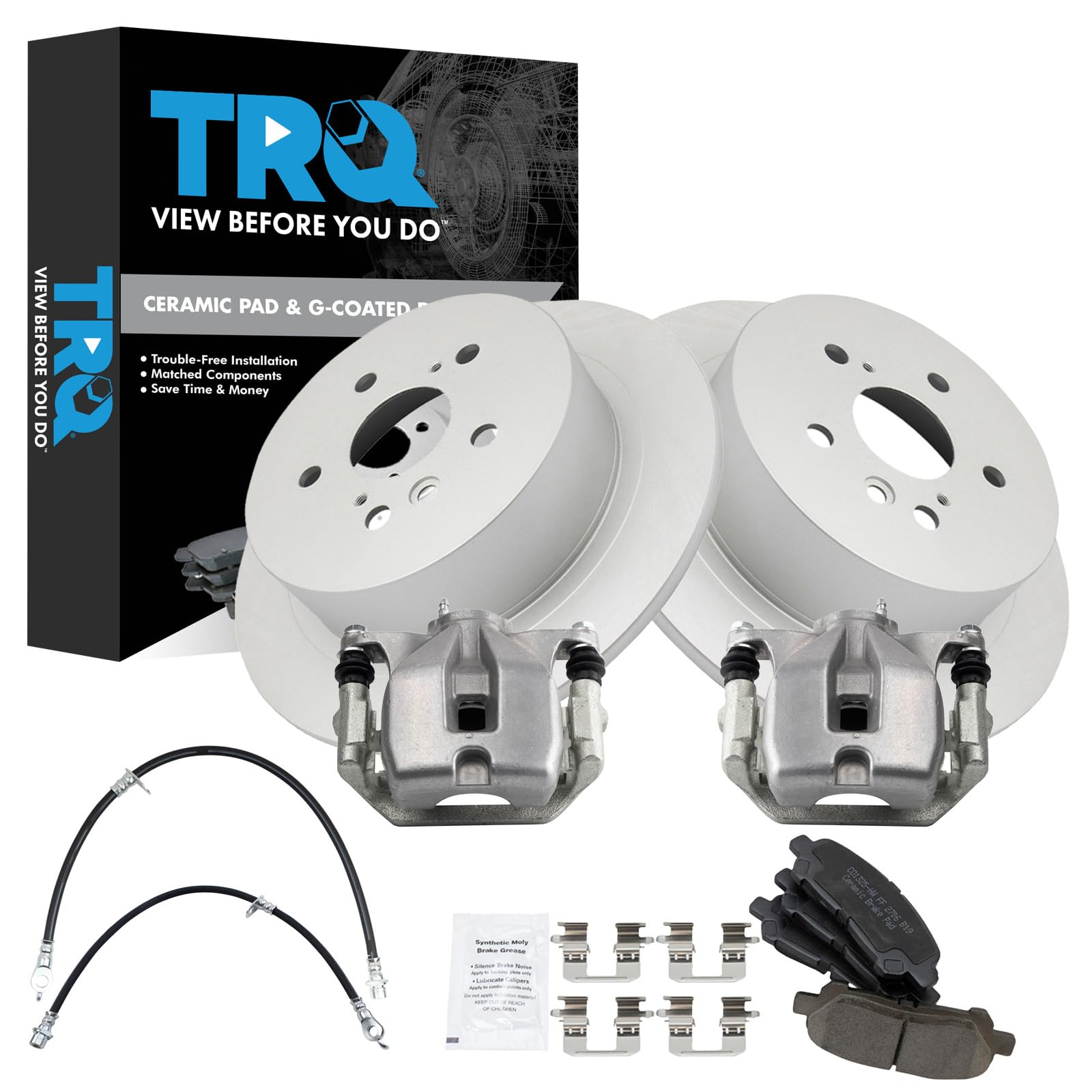 TRQ Rear Brake Pad and Rotor Set Ceramic Coated Rotors Calipers Compatible with 2008-2012 Toyota Highlander