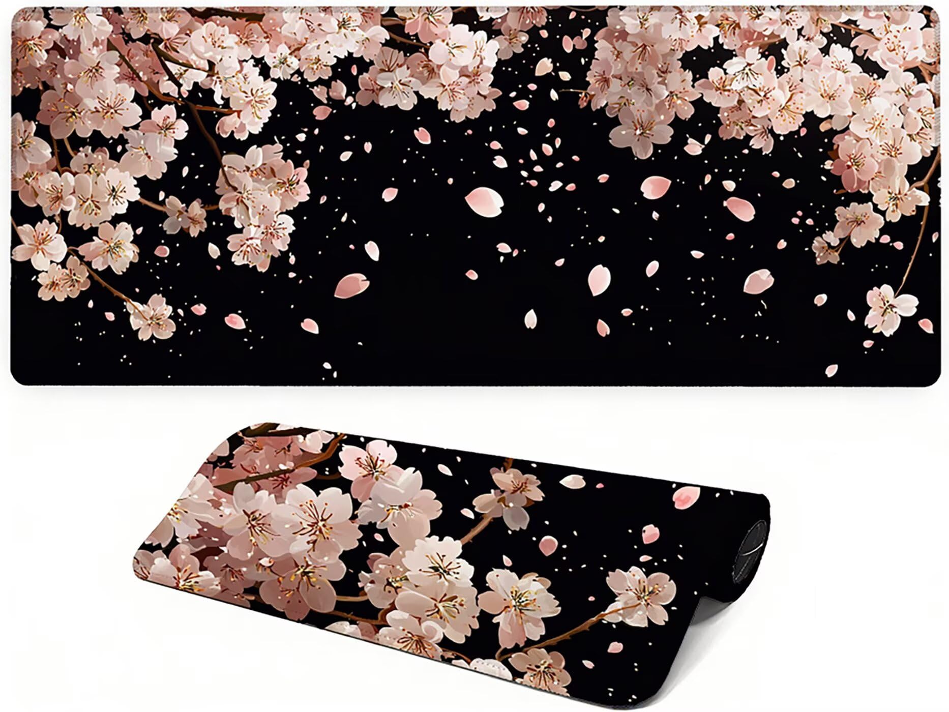 Lpfieonn Kirschblüten Großes Schreibtischunterlage, XXL Schreibtischunterlagen, Schwarz XXL Wasserdicht Gaming Mousepad mit Vernähter Rand und Rutschfeste Gummibasis, für Hause/Büro 120x60cm PF-2517