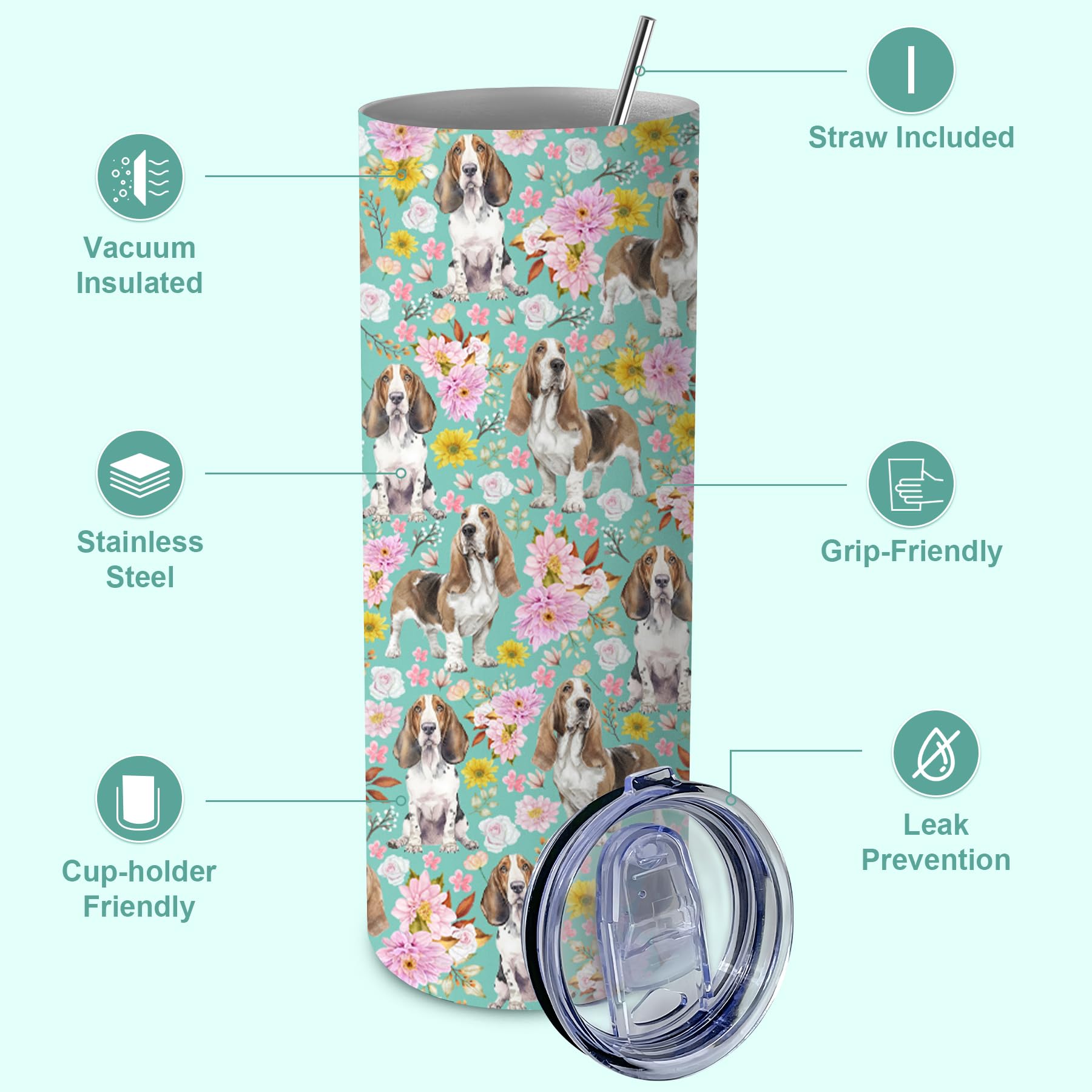 Basset Hound Gifts for Women, 20oz Stainless Steel Insulated Tumbler Travel Mug Cup with Lid Straw Brush, Gifts for Dog Mom Dog Lover