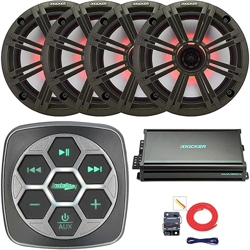 Marine Bluetooth 3-Zone Controller, 4X 6.5 195 Watt Max Power 4 Ohm RGB LED Coaxial Speakers, 4X 6.5 Grille Speakers, 4-Channel 90 Watts x 4 Amplifier, 8 Gauge Wiring Kit