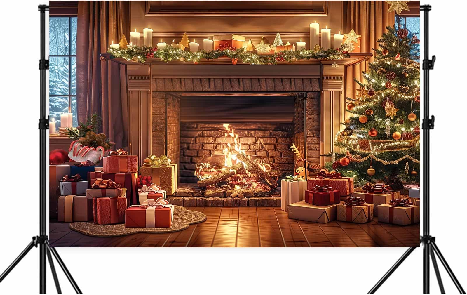 写真撮影用クリスマス背景幕 10x8フィート 窓 冬 森 トナカイ